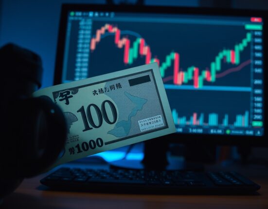 Japanese yen banknote over a forex trading chart, representing carry trade dynamics and intervention uncertainty.