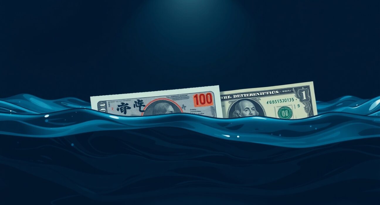 Japanese yen and US dollar bills partially submerged in water, symbolizing currency market volatility.