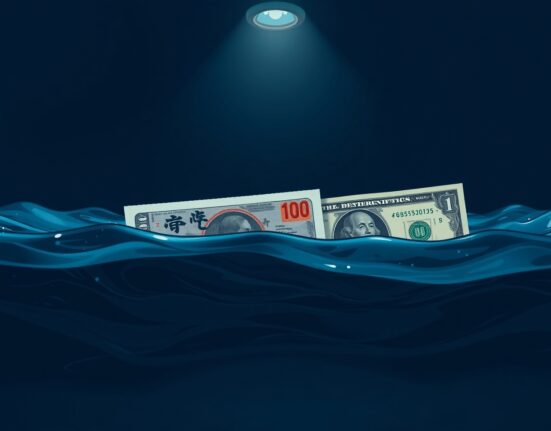 Japanese yen and US dollar bills partially submerged in water, symbolizing currency market volatility.