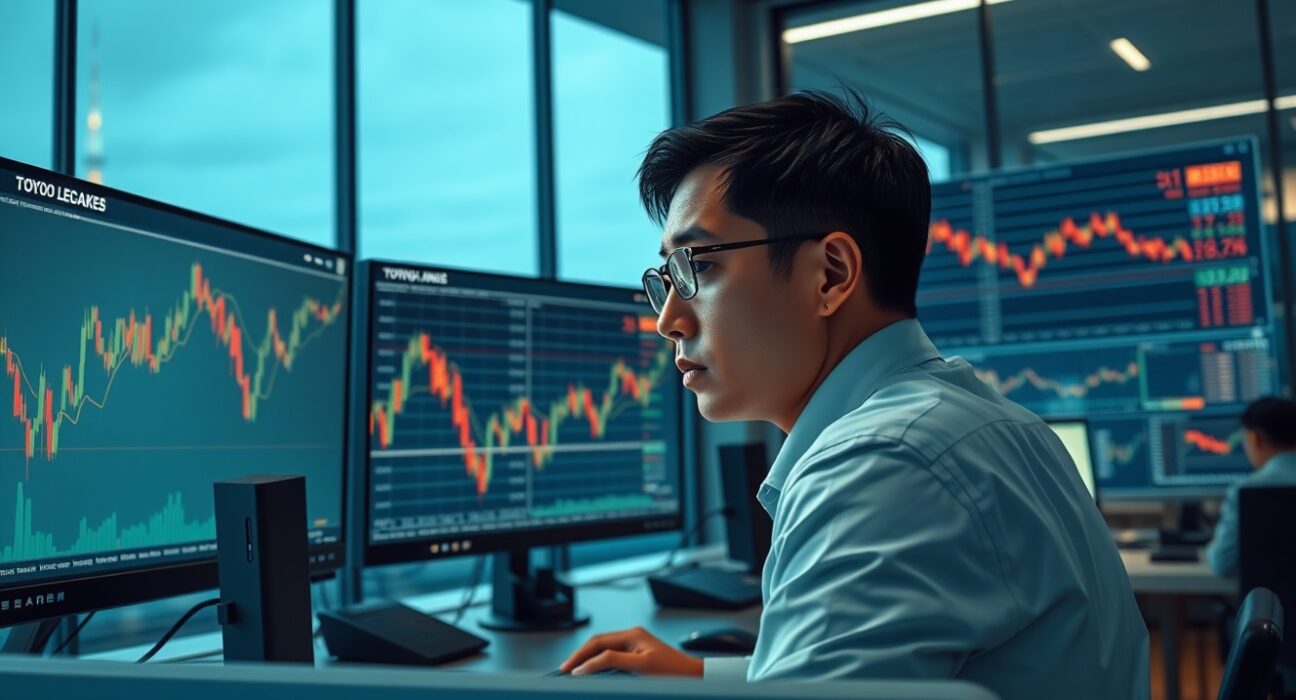 Forex trader in Tokyo monitors the USD/JPY exchange rate amid Middle East conflict market