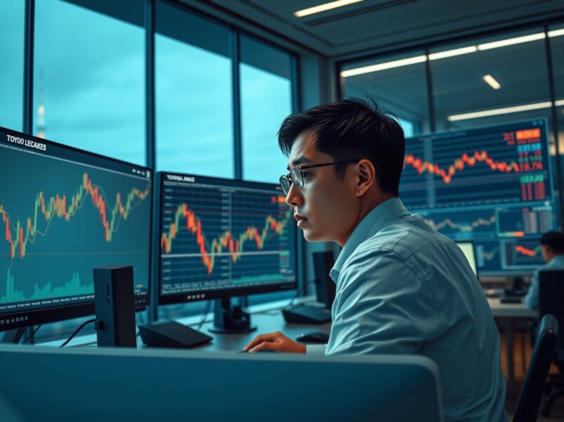 Forex trader in Tokyo monitors the USD/JPY exchange rate amid Middle East conflict market