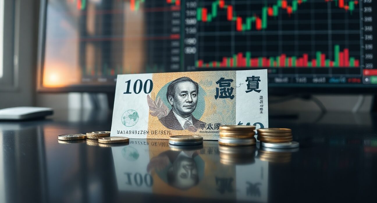 Japanese yen banknotes and coins on a reflective surface with financial charts in the background