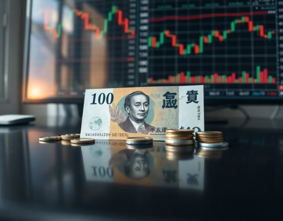 Japanese yen banknotes and coins on a reflective surface with financial charts in the background
