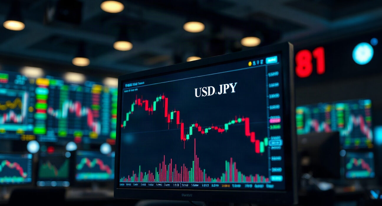 Financial screen showing USD/JPY candlestick chart with downward trend in a trading room