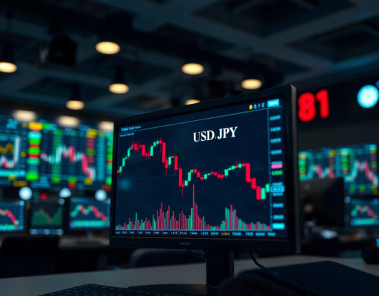 Financial screen showing USD/JPY candlestick chart with downward trend in a trading room