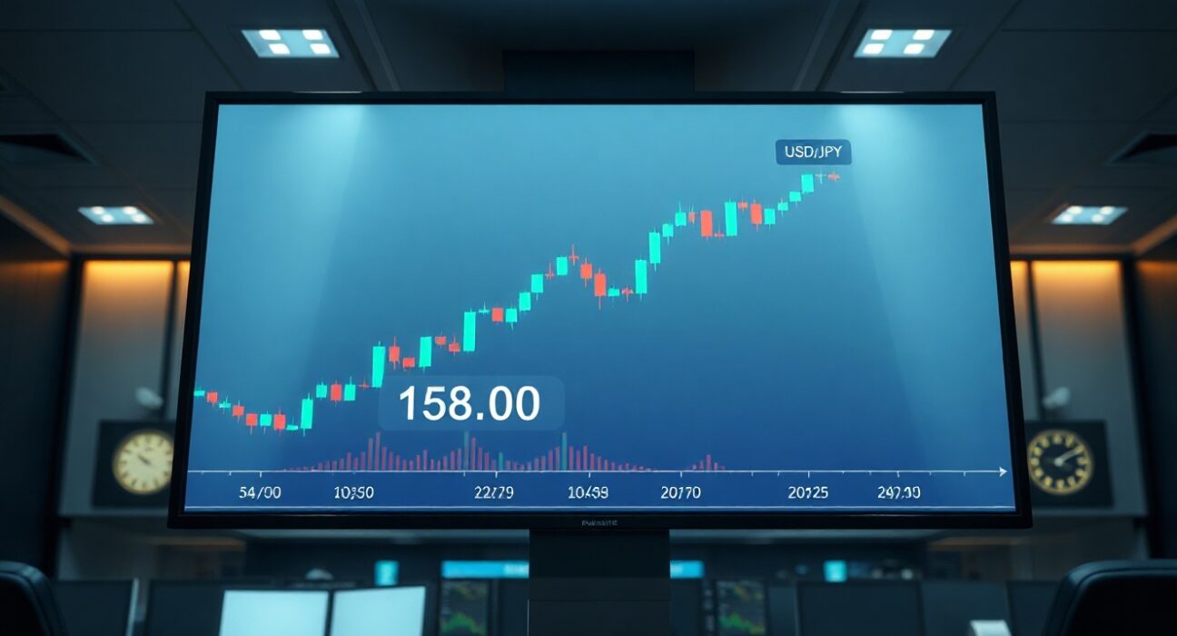 Digital trading screen showing USD/JPY currency pair chart approaching 158.00 level