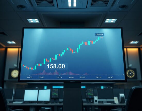 Digital trading screen showing USD/JPY currency pair chart approaching 158.00 level