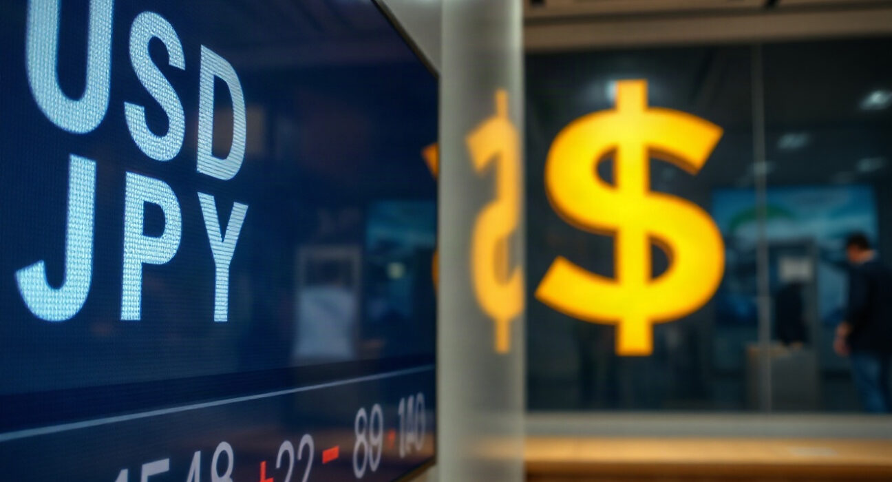 Japanese yen and U.S. dollar exchange rate board on a trading floor
