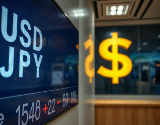 Japanese yen and U.S. dollar exchange rate board on a trading floor