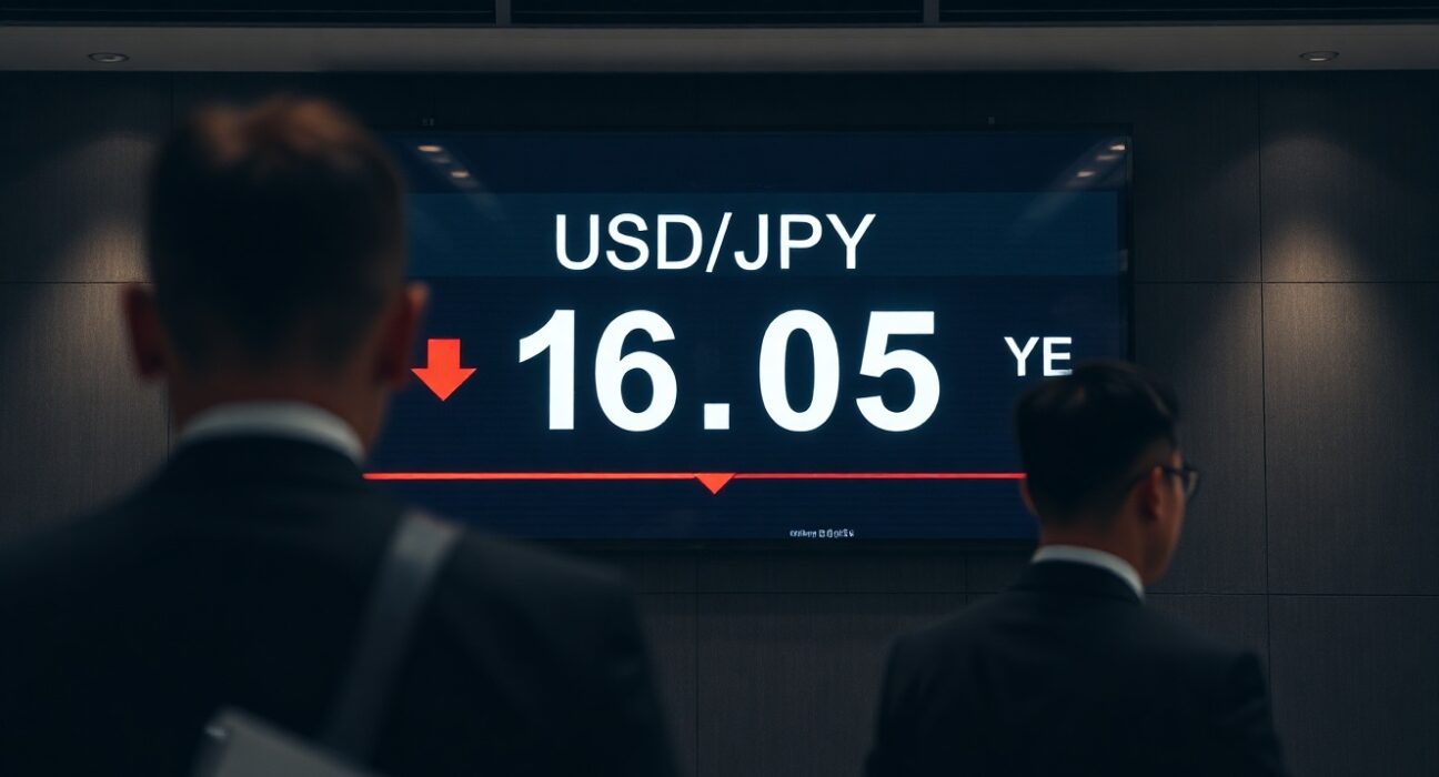 Digital forex board showing USD/JPY at 160.05 with yen weakening in Tokyo trading