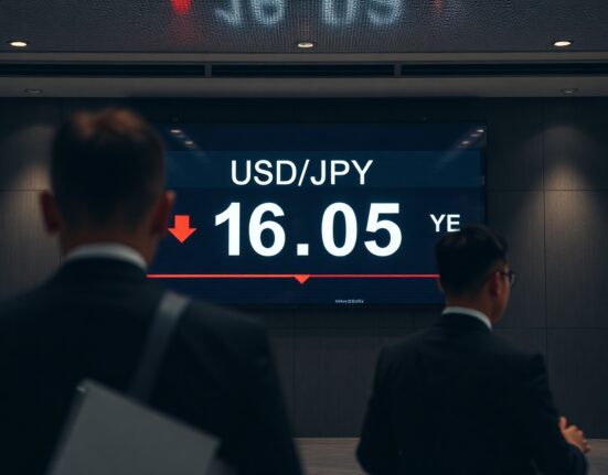 Digital forex board showing USD/JPY at 160.05 with yen weakening in Tokyo trading