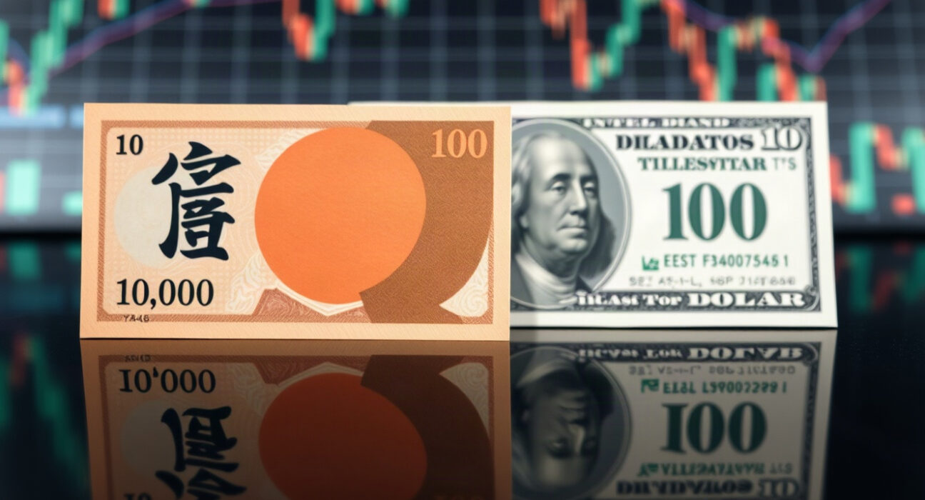 Japanese yen and US dollar banknotes on a reflective surface with a blurred financial chart background