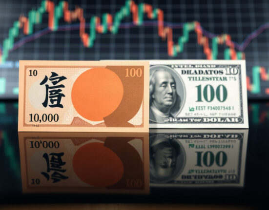 Japanese yen and US dollar banknotes on a reflective surface with a blurred financial chart background