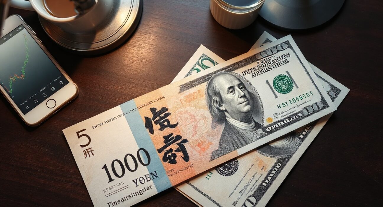 Close-up of Japanese yen and US dollar banknotes on a desk, symbolizing currency market intervention speculation.