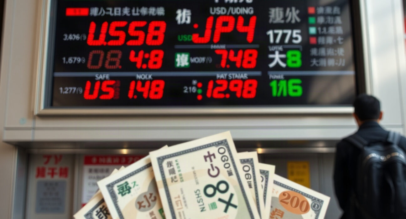Currency exchange board in Tokyo showing USD/JPY rate with yen and dollar banknotes