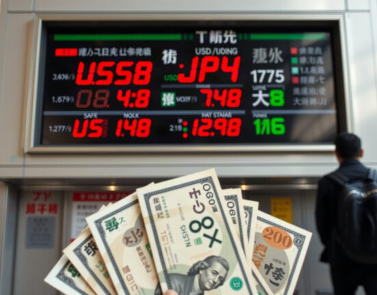 Currency exchange board in Tokyo showing USD/JPY rate with yen and dollar banknotes