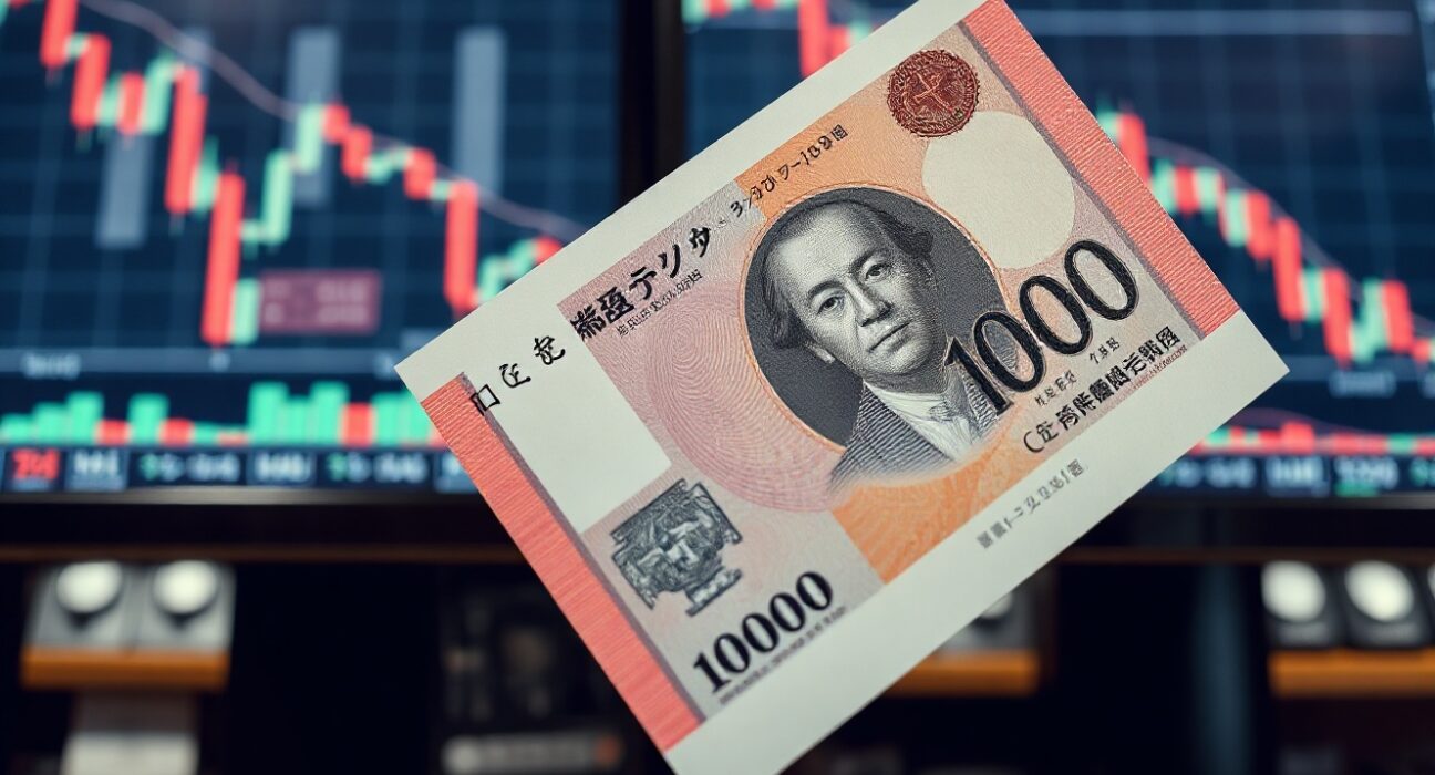 Japanese yen banknote with forex trading chart in background