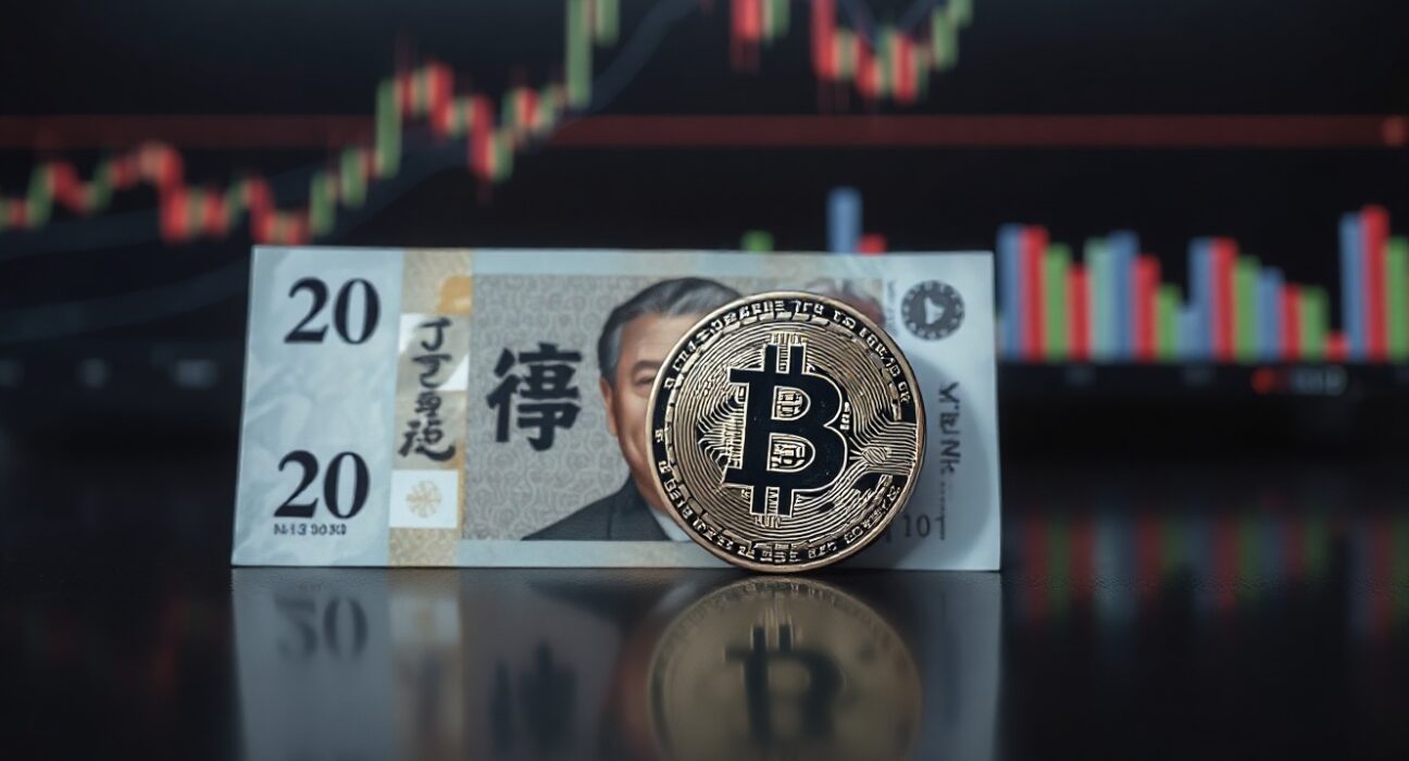 Japanese yen banknotes and a Bitcoin coin on a reflective surface, symbolizing currency and crypto market dynamics.