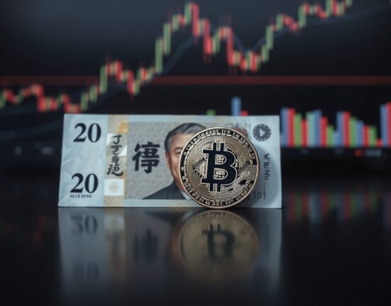 Japanese yen banknotes and a Bitcoin coin on a reflective surface, symbolizing currency and crypto market dynamics.