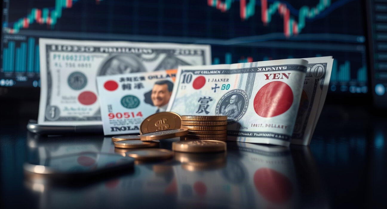 Japanese yen and US dollar banknotes with financial charts in the background