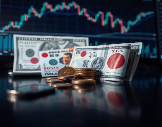 Japanese yen and US dollar banknotes with financial charts in the background