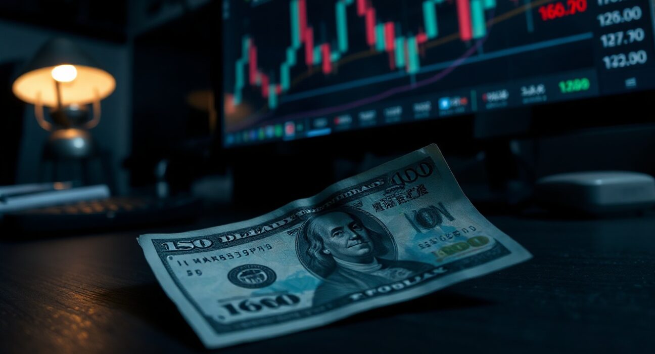 Japanese yen and US dollar notes on a desk with a forex chart in the background showing USD/JPY near 160