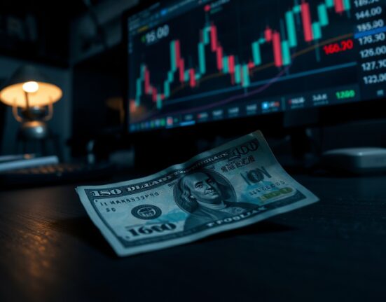 Japanese yen and US dollar notes on a desk with a forex chart in the background showing USD/JPY near 160