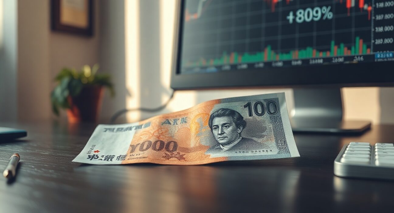 Japanese yen banknotes and a computer screen showing currency exchange charts, representing the yen's market performance after intervention.