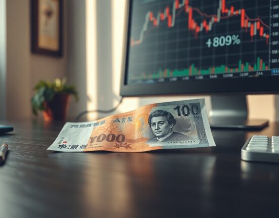 Japanese yen banknotes and a computer screen showing currency exchange charts, representing the yen's market performance after intervention.