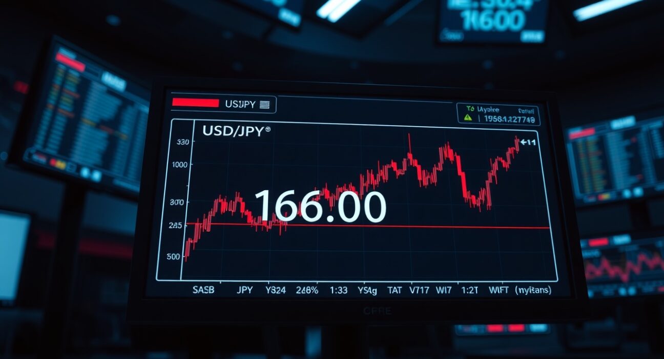 Close-up of a trading screen showing USD/JPY exchange rate approaching the 160 level.