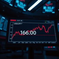 Close-up of a trading screen showing USD/JPY exchange rate approaching the 160 level.
