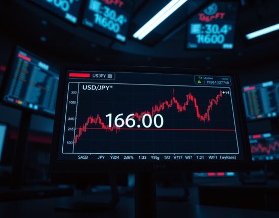Close-up of a trading screen showing USD/JPY exchange rate approaching the 160 level.