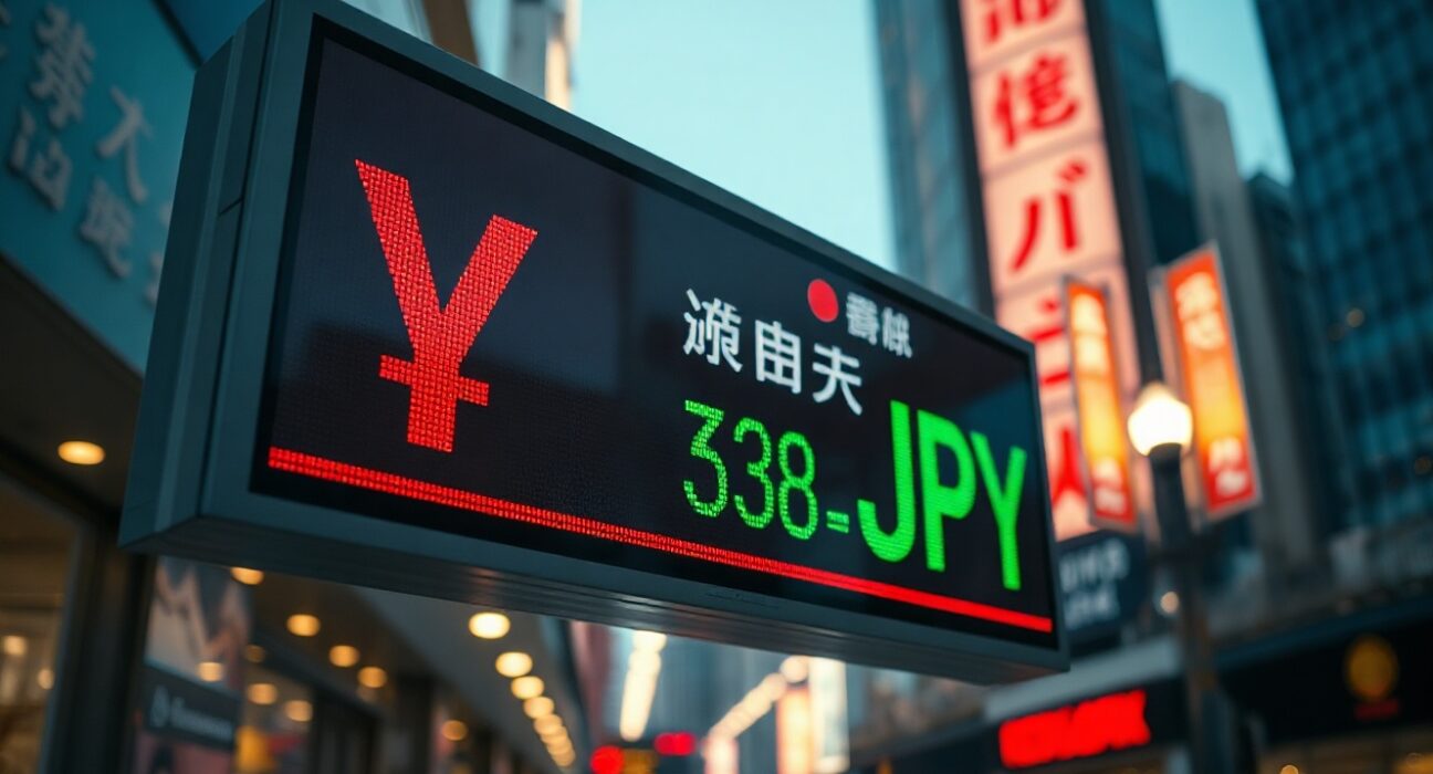 Electronic exchange rate board showing USD/JPY near 160 in Tokyo financial district