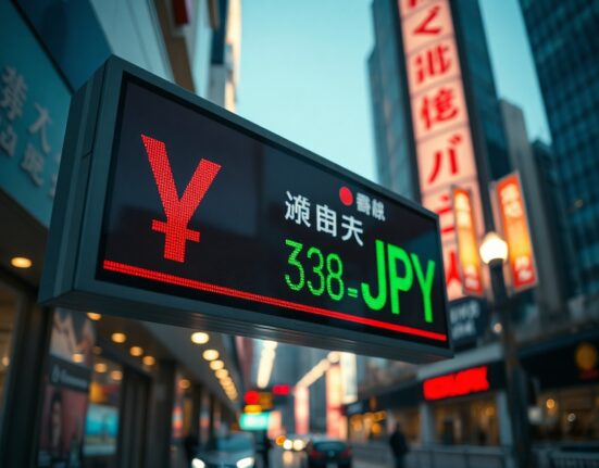 Electronic exchange rate board showing USD/JPY near 160 in Tokyo financial district