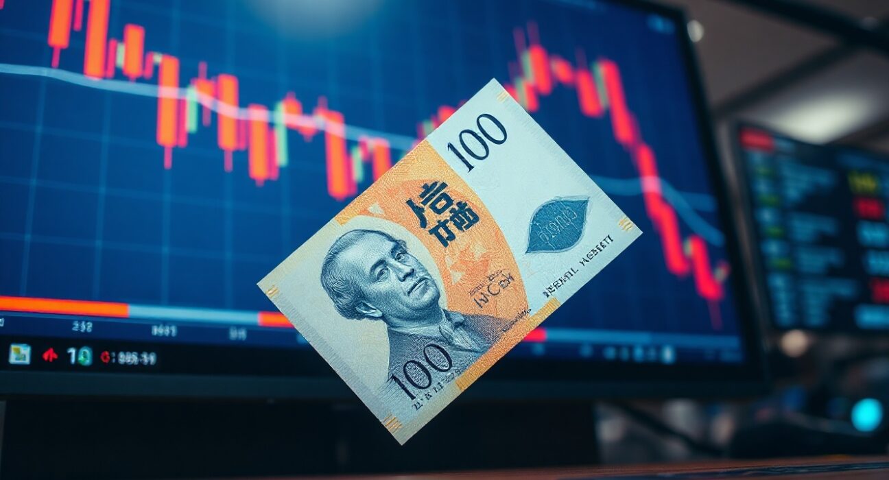 Japanese Yen banknote with USD/JPY chart showing decline near 1986 lows, representing intervention risk