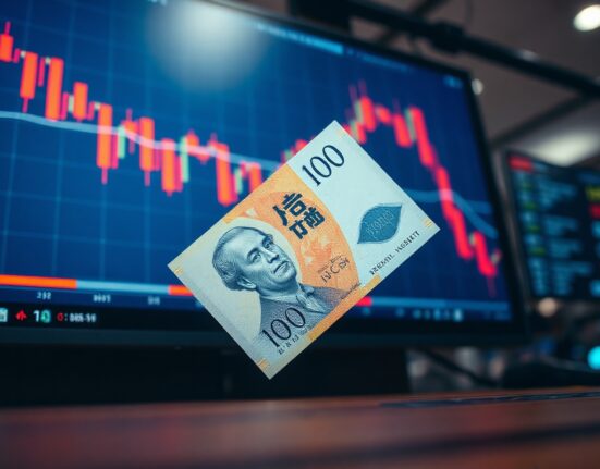 Japanese Yen banknote with USD/JPY chart showing decline near 1986 lows, representing intervention risk