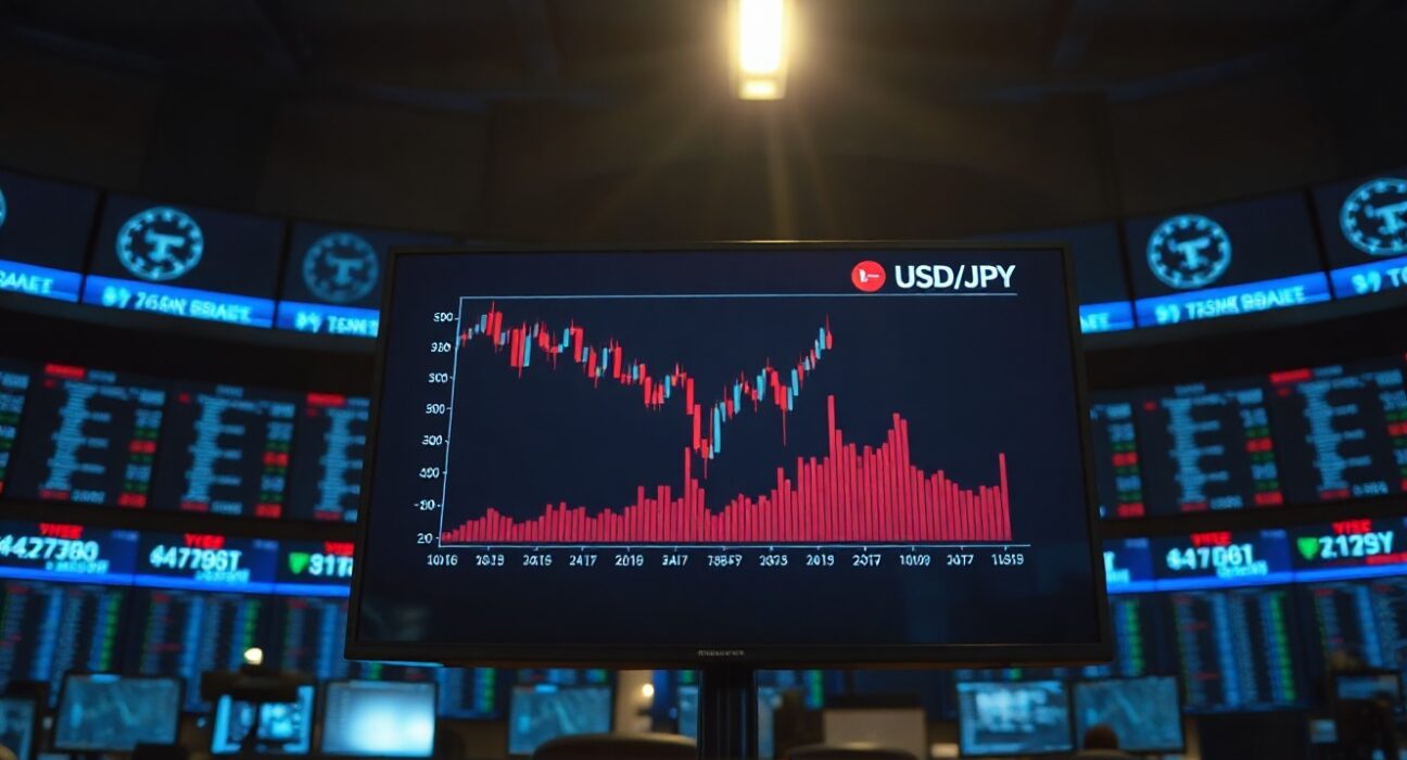 Digital trading screen showing USD/JPY currency chart with a downward trend.