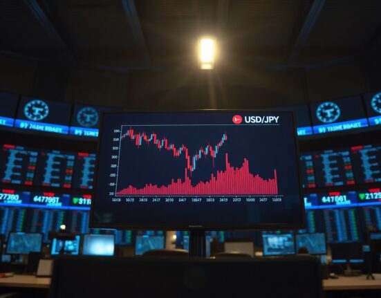 Digital trading screen showing USD/JPY currency chart with a downward trend.