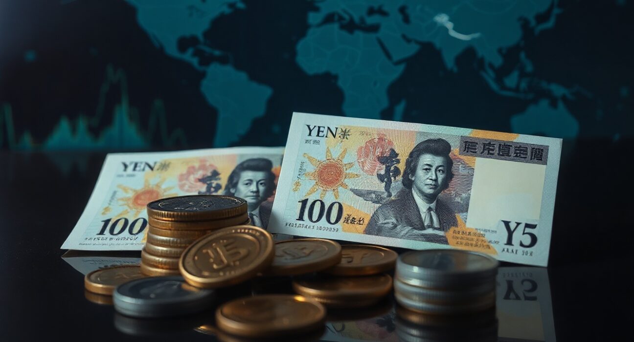 Japanese Yen banknotes and coins on a reflective surface, symbolizing currency market analysis