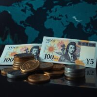Japanese Yen banknotes and coins on a reflective surface, symbolizing currency market analysis