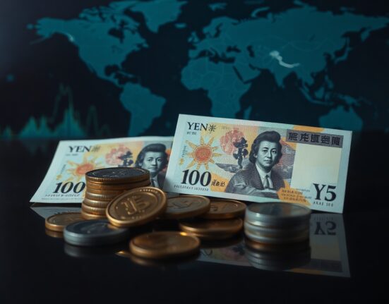 Japanese Yen banknotes and coins on a reflective surface, symbolizing currency market analysis