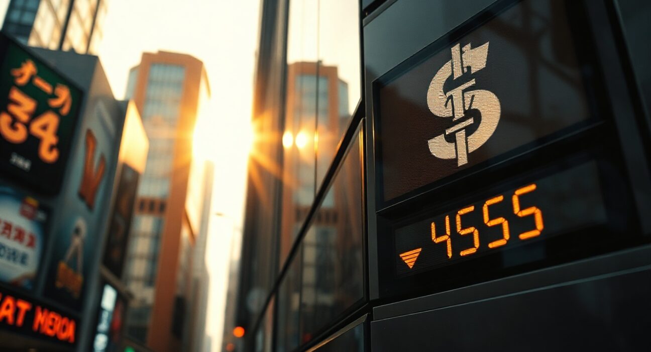 Digital currency exchange board showing yen and dollar symbols in Tokyo financial district
