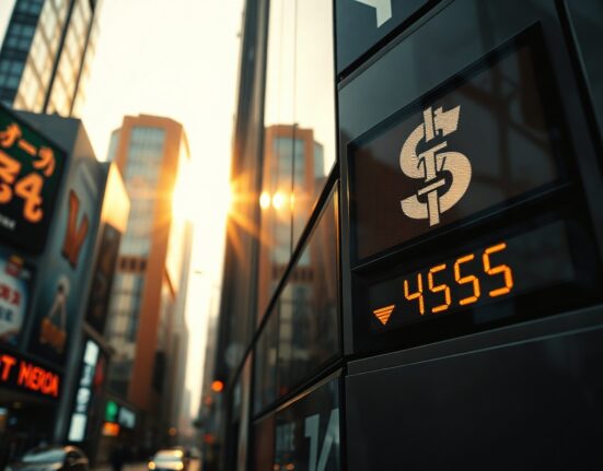 Digital currency exchange board showing yen and dollar symbols in Tokyo financial district