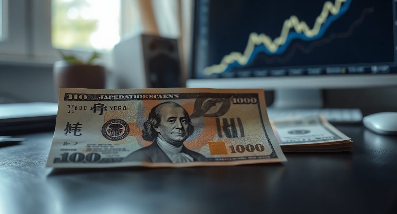 Japanese Yen and US Dollar banknotes on a desk with a monitor showing an upward chart, symbolizing currency intervention.