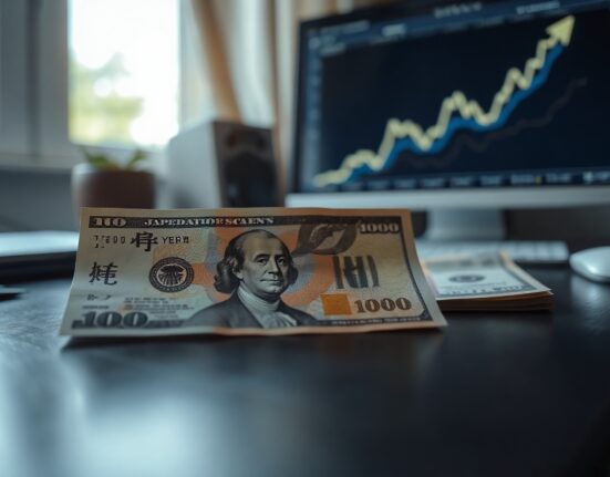 Japanese Yen and US Dollar banknotes on a desk with a monitor showing an upward chart, symbolizing currency intervention.