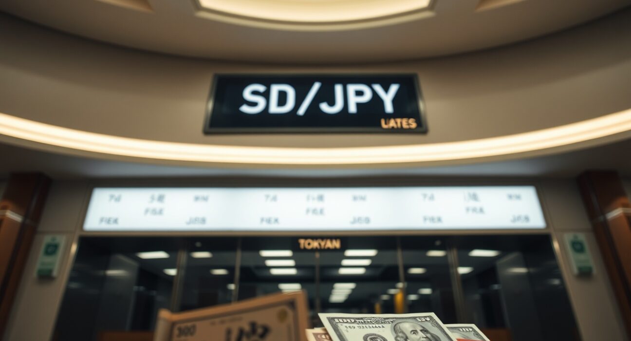 Currency exchange board in Tokyo showing high USD/JPY rate with yen and dollar banknotes in foreground