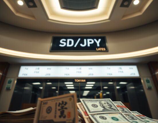 Currency exchange board in Tokyo showing high USD/JPY rate with yen and dollar banknotes in foreground