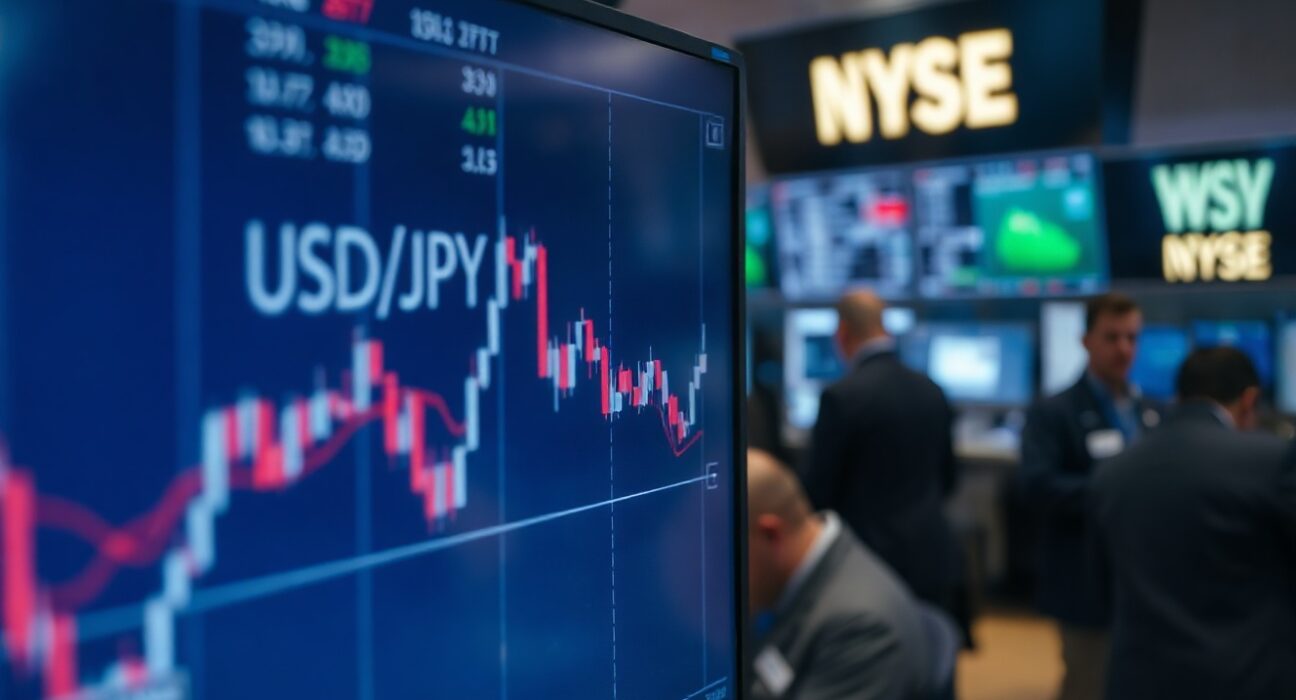 USD/JPY currency chart showing decline on a trading screen in a financial office