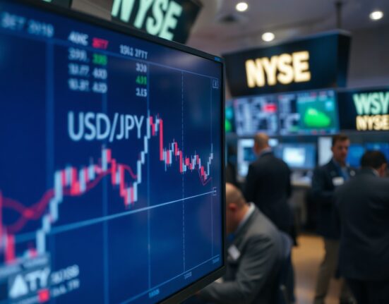 USD/JPY currency chart showing decline on a trading screen in a financial office