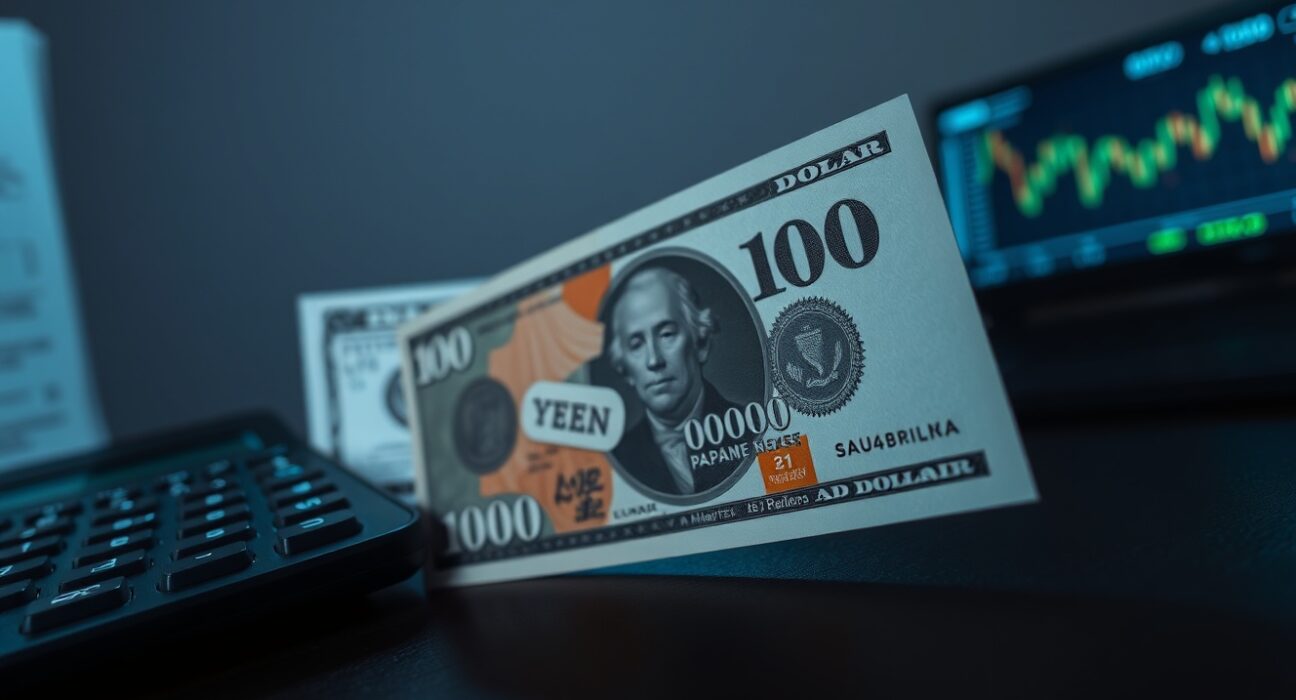 Japanese yen banknote and US dollar on desk with forex chart in background
